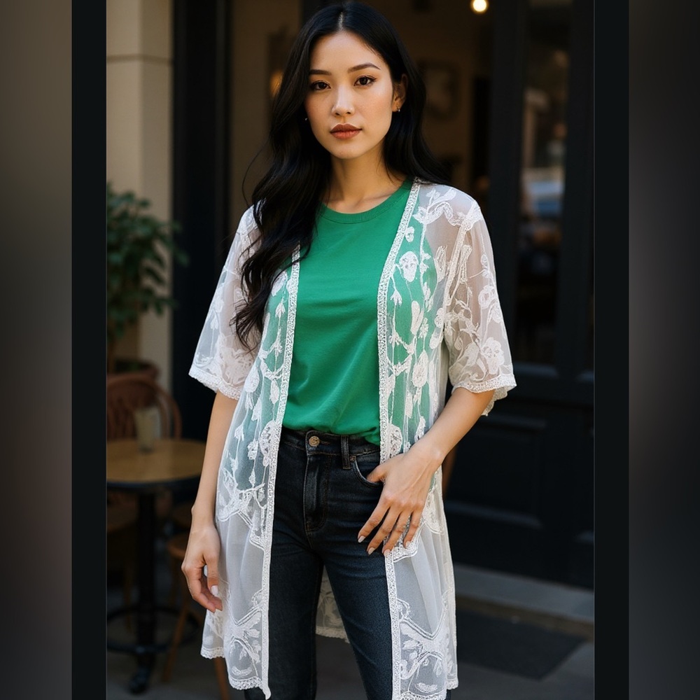 Maeven White Lace Boho Kimono XL Stunning